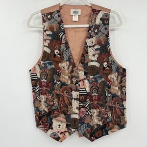 PASTA Womens Vintage 90s Teddy Bear Tapestry Vest‎ Size L Novelty Animal Print